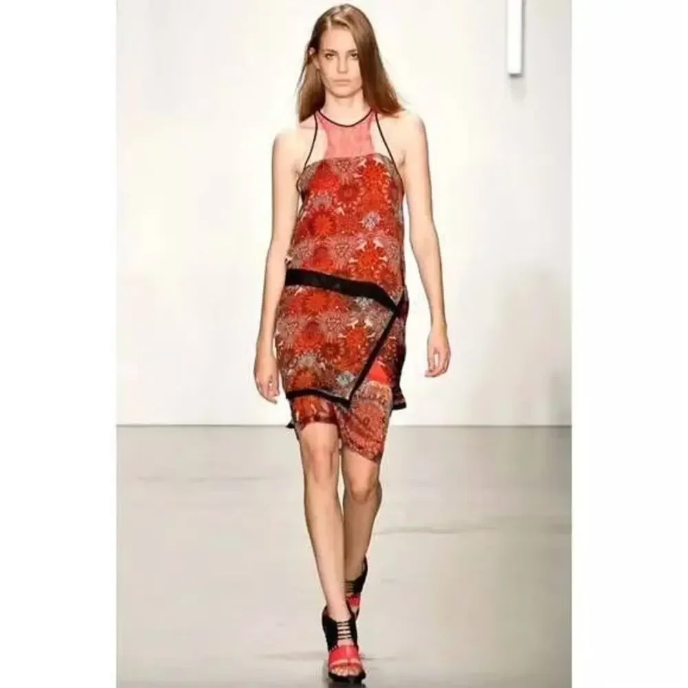 Helmut Lang Red Mandala Print Silk Dress Asymmetrical Wrap Sleeveless size 2 - Picture 1 of 12
